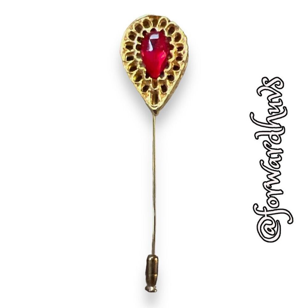 Vintage Gold Tone Hat Pin With Red Rhinestone